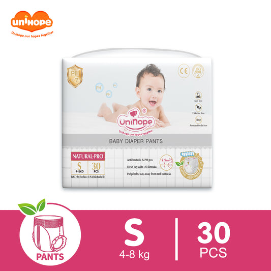 Unihope Natural Pro Baby Diapers Pants Ultra Thin Skin Friendly S/M/L/XL/XXL - S 30pcs