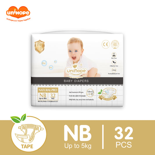Unihope Natural Pro Super Premium Ultra Thin Tape Baby Diapers NB/S/M/L/XL - NB (32pcs) 0-5kg