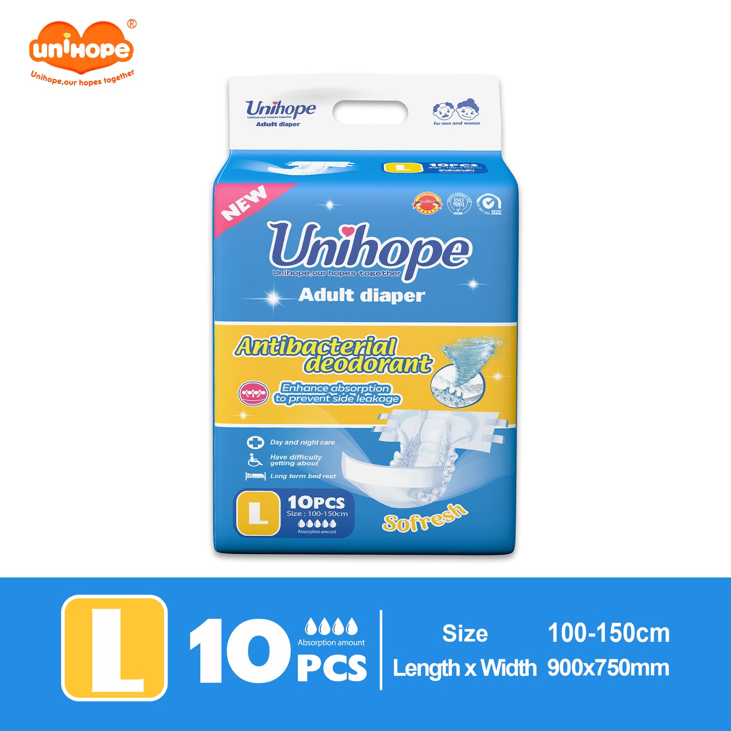 Unihope SAP Adult Diapers (Tape) - M/L/XL (10 Pcs ) - L(10 PCS)