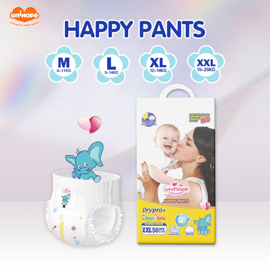 Unihope Dry Pro + Baby Diapers Pants Premium Natural Cottons - M 50/L 50/XL 50/XXL 50 (1 Packs)