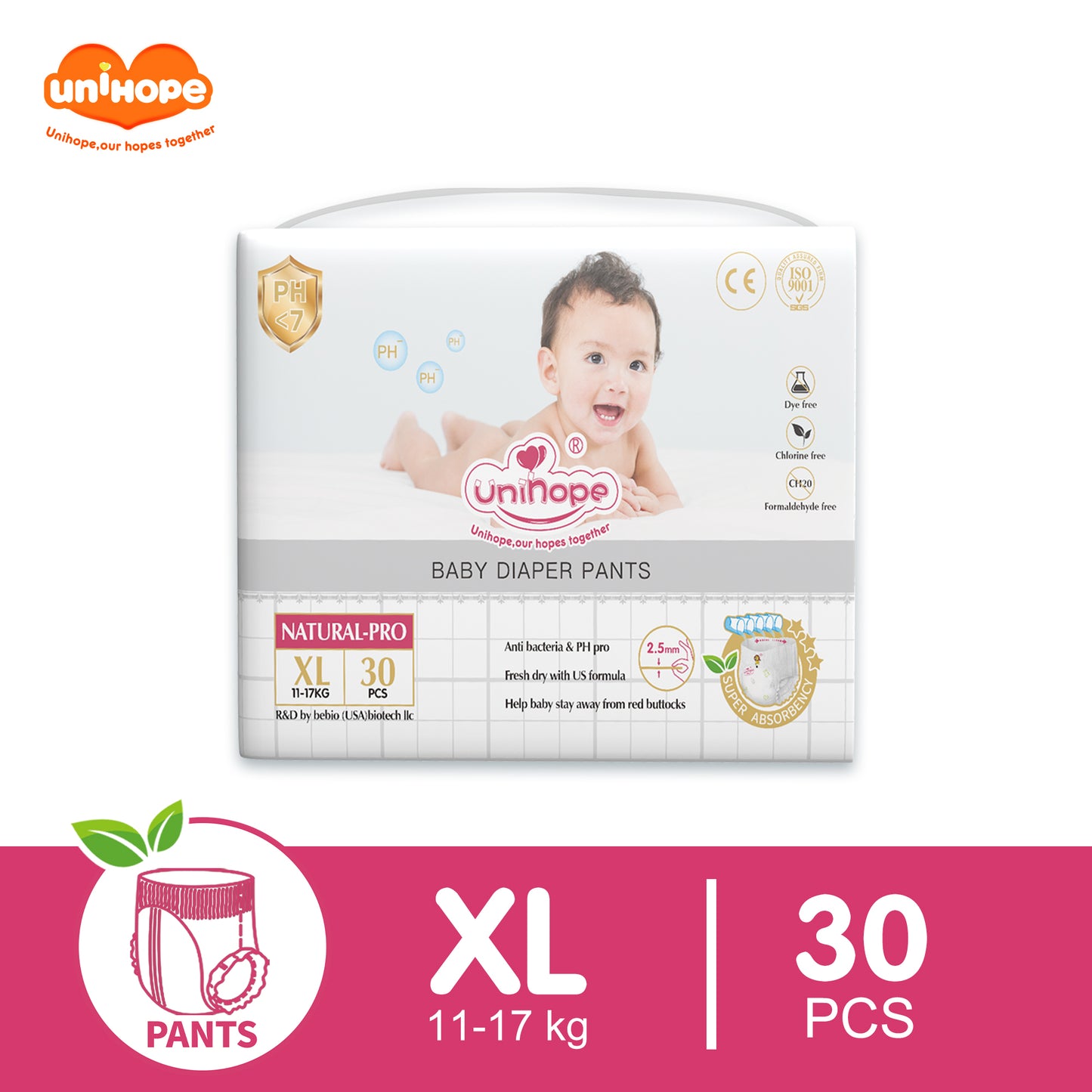 Unihope Natural Pro Baby Diapers Pants Ultra Thin Skin Friendly S/M/L/XL/XXL - XL 30pcs