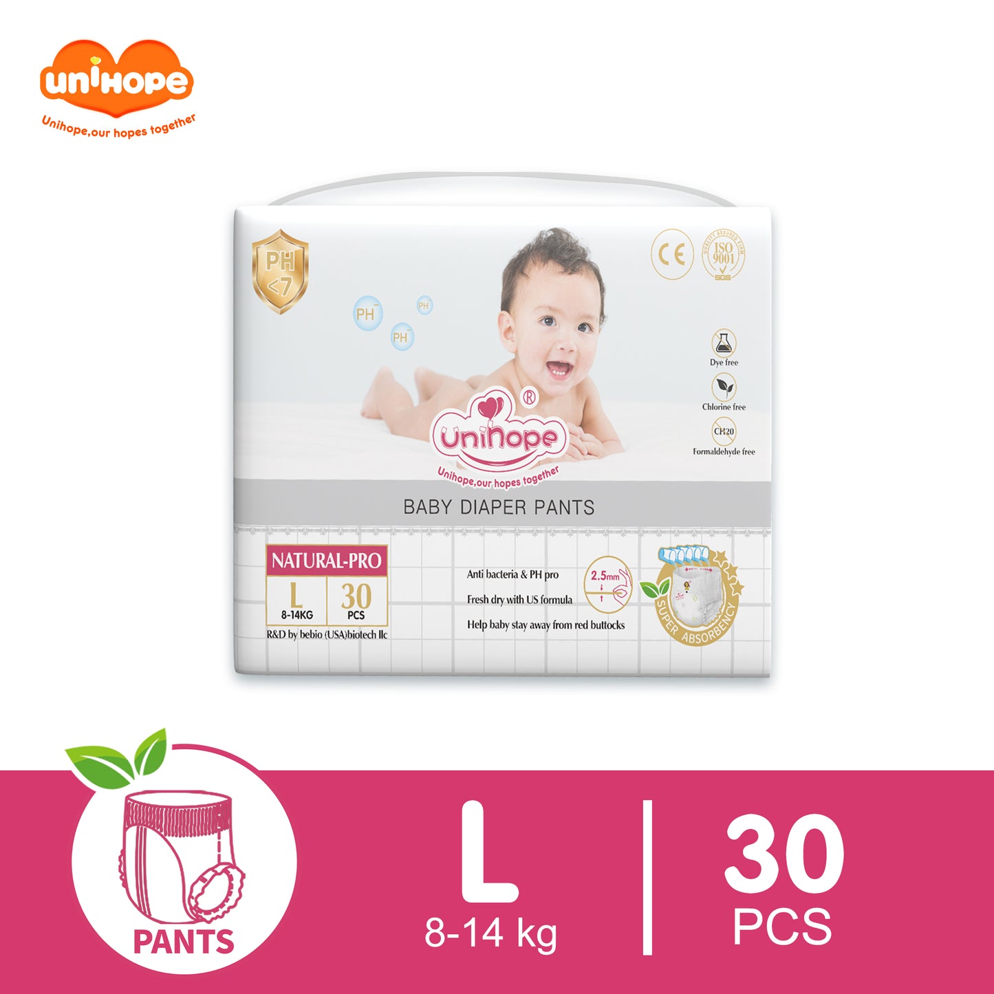Unihope Natural Pro Baby Diapers Pants Ultra Thin Skin Friendly S/M/L/XL/XXL - L 30pcs