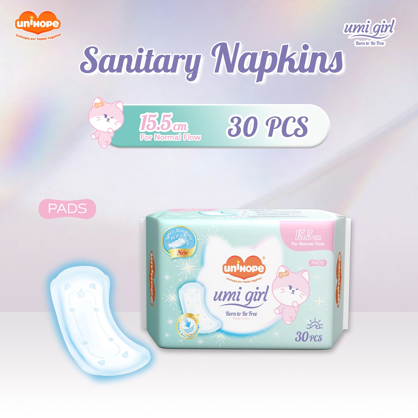 (155mm×30pcs) Unihope Umi Girl Sanitary Pad Liner Panty Liner Day and Night 15.5cm Pads