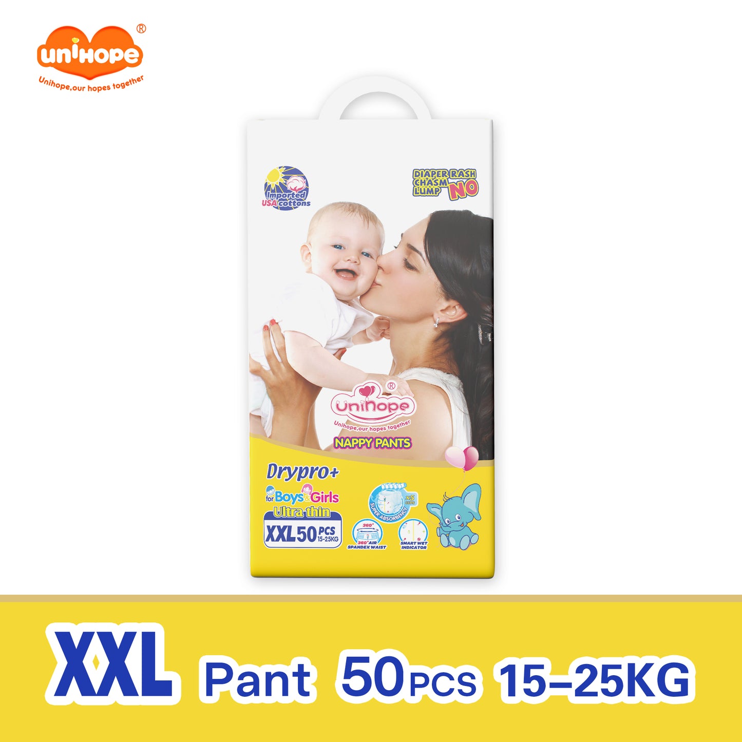 Unihope Dry Pro + Baby Diapers Pants Premium Natural Cottons - M 50/L 50/XL 50/XXL 50 (1 Packs) - Pa
