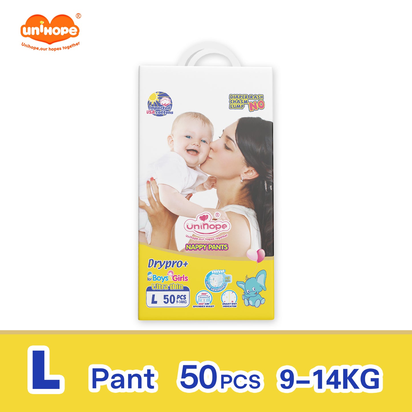 Unihope Dry Pro + Baby Diapers Pants Premium Natural Cottons - M 50/L 50/XL 50/XXL 50 (1 Packs) - Pa