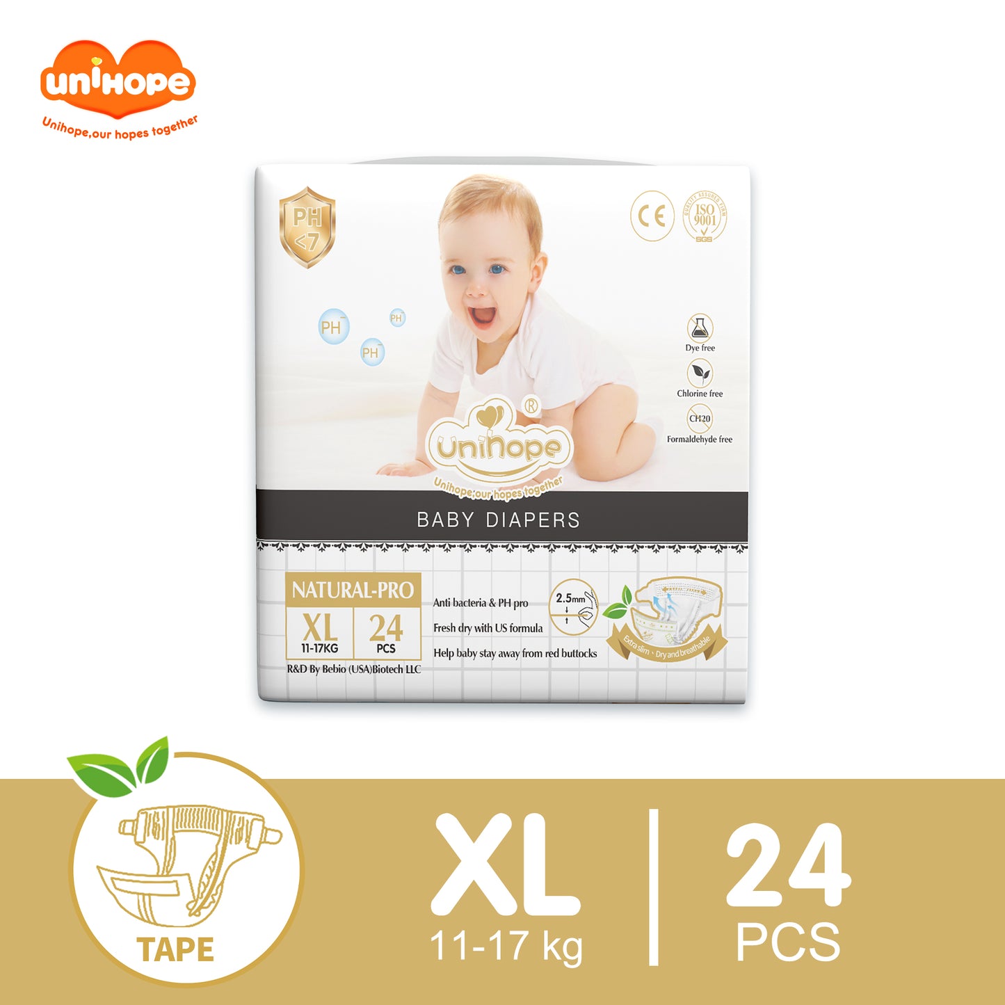 Unihope Natural Pro Super Premium Ultra Thin Tape Baby Diapers NB/S/M/L/XL - XL (24pcs) 11-17kg