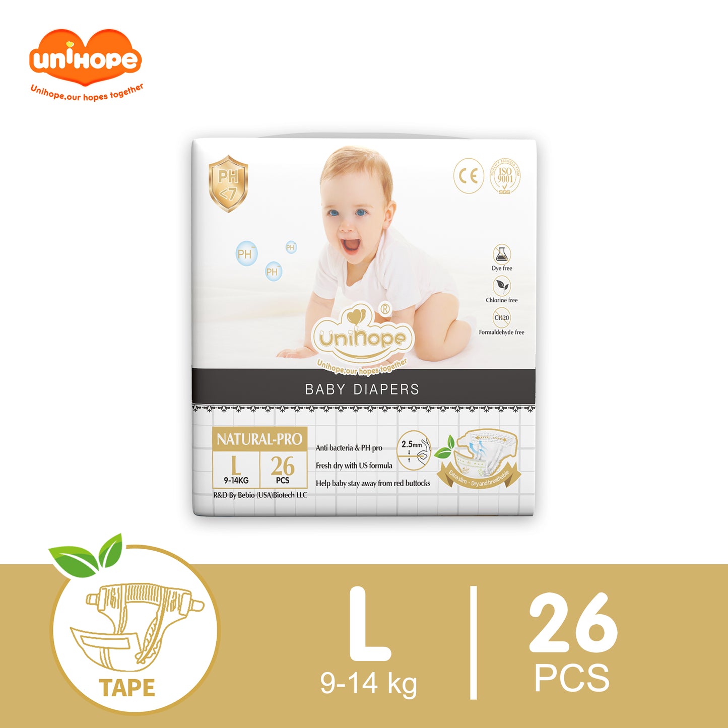 Unihope Natural Pro Super Premium Ultra Thin Tape Baby Diapers NB/S/M/L/XL - L (26pcs) 9-14kg