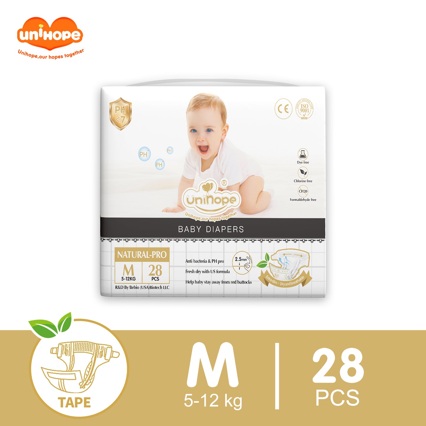 Unihope Natural Pro Super Premium Ultra Thin Tape Baby Diapers NB/S/M/L/XL - M (28pcs) 5-12kg