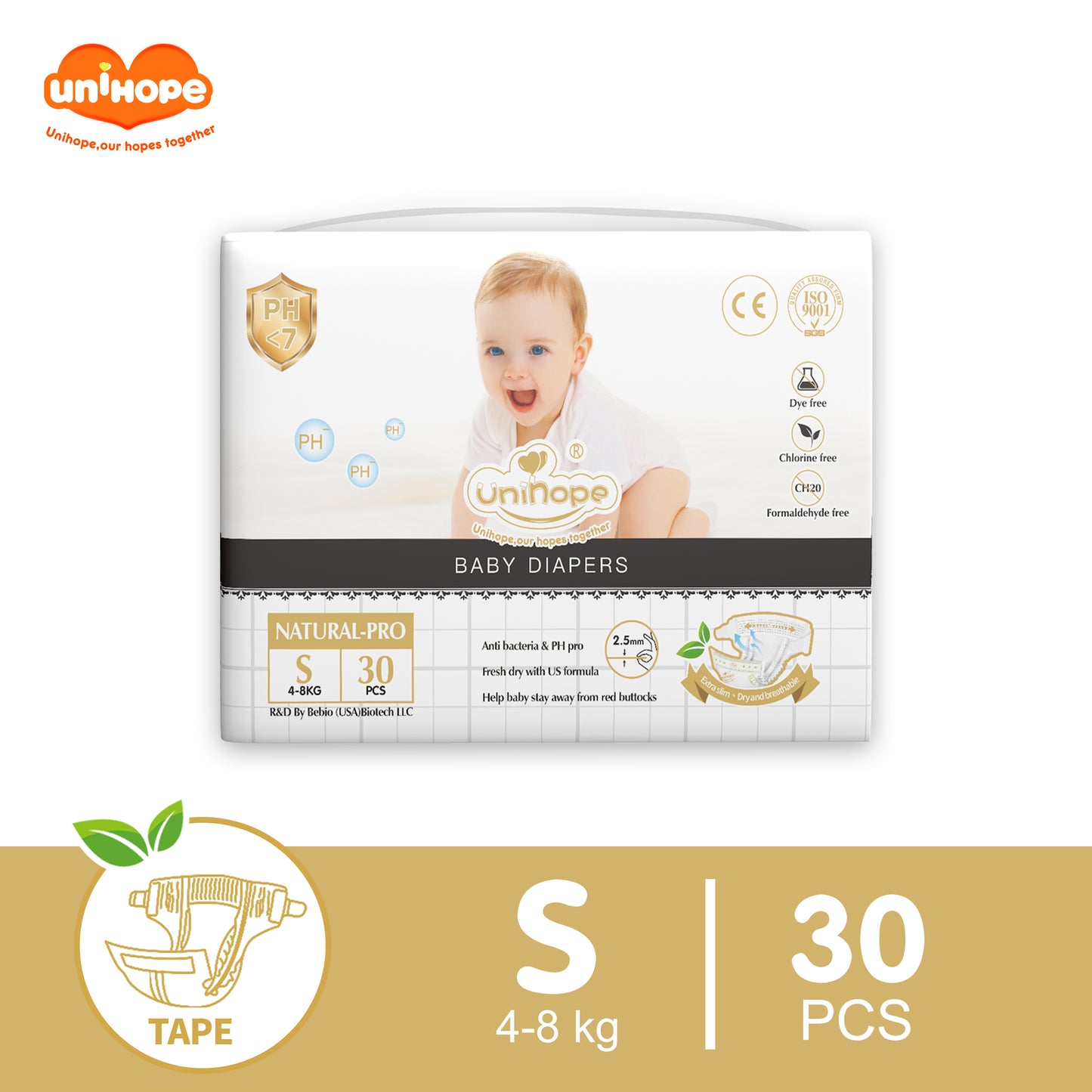 Unihope Natural Pro Super Premium Ultra Thin Tape Baby Diapers NB/S/M/L/XL - S (30pcs) 4-8kg